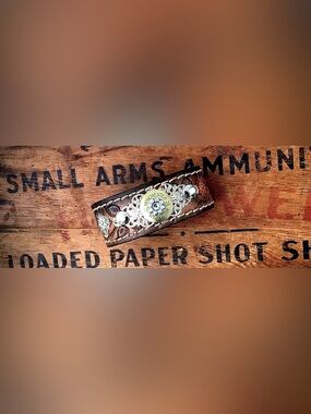 Hand-Tooled Brown Leather Shotgun Shell Bracelet, up to 7 1/4” wrist